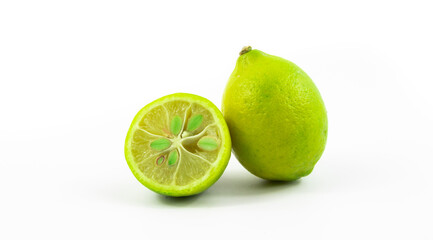 Illustrative photo of limequat in cutaway close-up, banner, on white isolated background