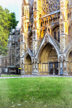 View on north entrance of Westminster Abbey colorful painting looks like picture