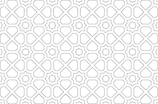Black and white 2D CAD drawing of Islamic geometric pattern. Islamic patterns use elements of geometry that are repeated in their designs.
