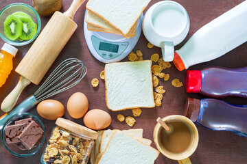Breakfast served with coffee, orange juice, croissants, cereals and fruits. Balanced diet.