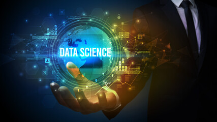Elegant hand holding DATA SCIENCE inscription, digital technology concept