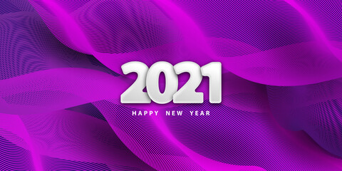 Happy new year 2021. Beautiful festive drapery background with numbers. Purple backdrop with striped warped shapes. Vector illustration 3D. Holiday banner with flow lines. Design poster, wallpaper.
