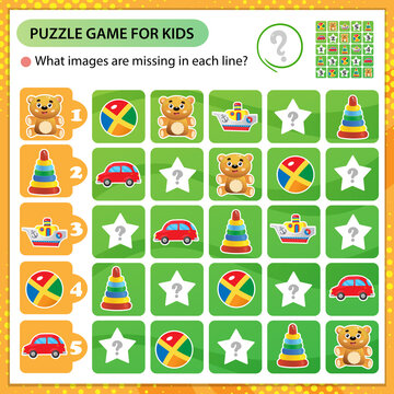 Sudoku puzzle. What images are missing in each line? Toys. Toy car, boat, Teddy bear, ball, pyramid. Logic puzzle for kids. Education game for children. Worksheet vector design for schoolers.