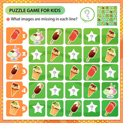 Sudoku puzzle. What images are missing in each line? Plombir and fruit ice. Ice cream in a waffle Cup and eskimo. Logic puzzle for kids. Worksheet vector design for schoolers.