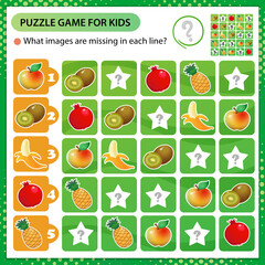 Sudoku puzzle. What images are missing in each line? Fruits. Banana, garnet, apple, pineapple, kiwi. Logic puzzle for kids. Game for children. Worksheet vector design for schoolers.
