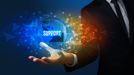 Elegant hand holding SUPPORT inscription, digital technology concept
