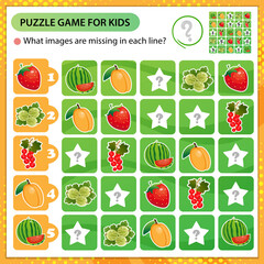 Sudoku puzzle. What images are missing in each line? Berries. Red currant, strawberry, apricot, watermelon, gooseberry. Logic puzzle for kids. Game for children. Worksheet vector design for schoolers.