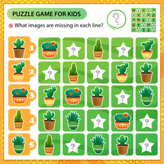Sudoku puzzle. What images are missing in each line? Cactus. Houseplants or indoor plants. Logic puzzle for kids. Education game for children. Worksheet vector design for schoolers.