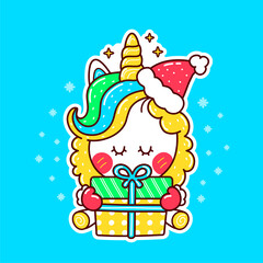 Cute funny unicorn in christmas hat with gift