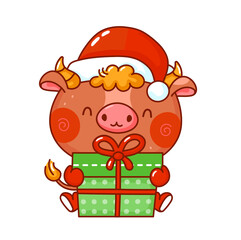 Cute funny New Year symbol bull in christmas cap