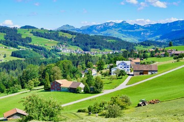 A view of the the country of Appenzell towards the Alpstein mountains.
