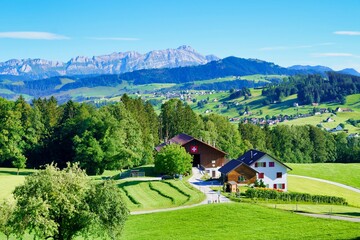 A view over the country of Appenzell towards Mount Säntis.