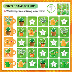 Sudoku puzzle. What images are missing in each line? Houseplants or indoor plants. Logic puzzle for kids. Education game for children. Worksheet vector design for schoolers.