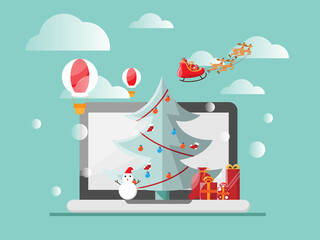 merry christmas and happy new year with laptop christmas tree