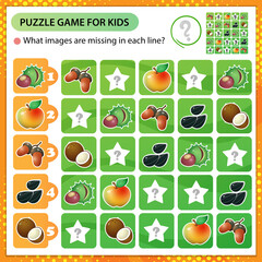 Sudoku puzzle. What images are missing in each line? Fruits of trees and plants. Apple, rowan, seeds, coconut, chestnut, acorn. Logic puzzle for kids. Game for children. Worksheet vector design