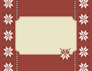 Fototapeta na wymiar Seasonal Christmas frame raster background.Winter decorative border with knitted Norwegian pattern backdrop and place for text.Scandinavian ornament or Fair Isle Pattern for social media post banner
