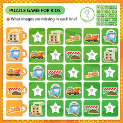 Sudoku puzzle. What images are missing in each line? Build of house with elevating crane, concrete mixer and construction tools. Logic puzzle for kids. Game for children. Worksheet vector design 