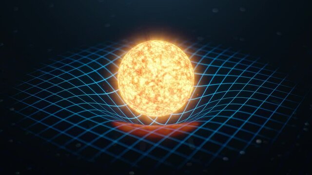 Gravity Sun bends space around it, distorted spacetime Concept gravity deforms space time grid around universe. Spacetime curvature. 4K 3D Animation
