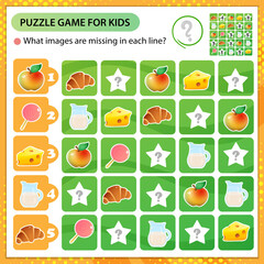 Sudoku puzzle. What images are missing in each line? Food. Logic puzzle for kids. Education game for children. Worksheet vector design for schoolers