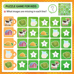 Sudoku puzzle. What images are missing in each line? Farm animals. Goat. Logic puzzle for kids. Education game for children. Worksheet vector design for schoolers