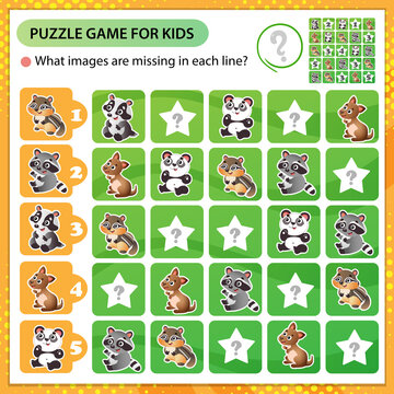 Sudoku puzzle. What images are missing in each line? Little animals. Panda, raccoon, badger, chipmunk, kangaroo. Logic puzzle for kids. Game for children. Worksheet vector design for schoolers