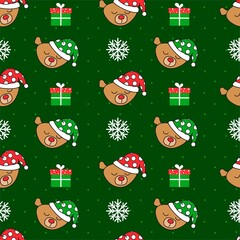 Holidays seamless pattern with funny bear. Hand drawn vector teddy, gift box. Merry christmas background. Winter design.Cartoon animals. Xmas 2021 card.