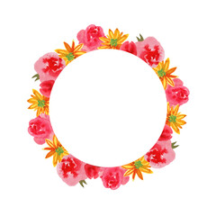 Round watercolor frame with flowers. For the design of invitations, postcards, greeting cards and other designs.