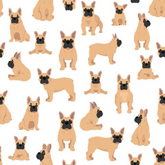 French bulldog seamless pattern. Dog healthy silhouette and poses background
