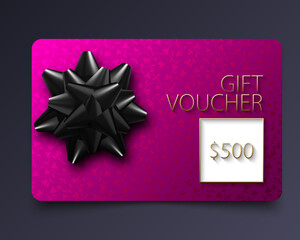 Luxury pink gift card vector design. Elegant template for a festive gift voucher, coupon or certificate. Floral pattern and black bow with golden text on purple background