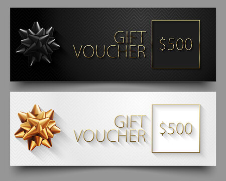 Luxury black and white gift voucher vector horizontal design set. Elegant template for a festive gift card, coupon or certificate. Gold thin text with black or golden bow geometric pattern background