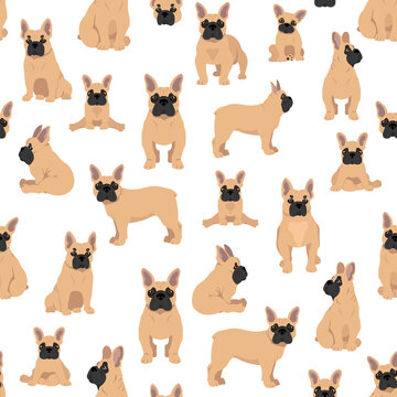 French bulldog seamless pattern. Dog healthy silhouette and poses background