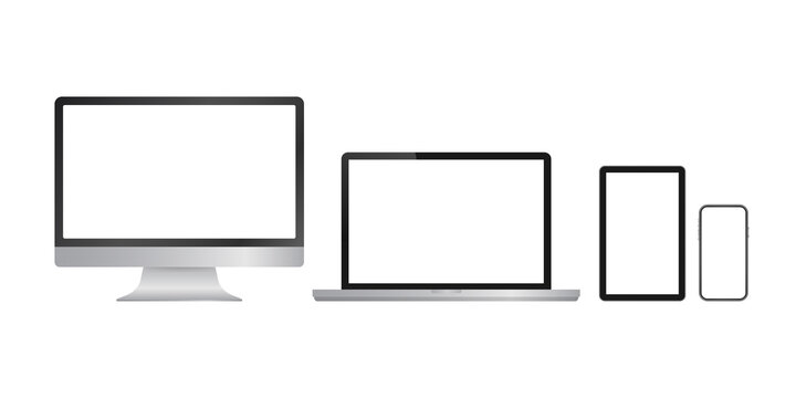 Realistic computer laptop smartphone and tablet. Monitor screen display template. Vector stock illustration.