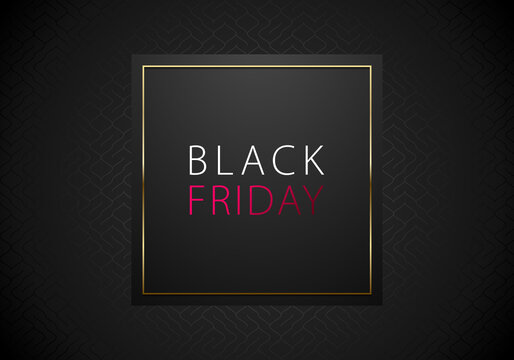 Black Friday Sale vector banner on black geometric background. White and pink text. Square with gold frame