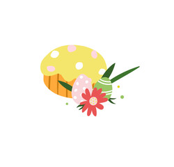 Vector illustration of Easter. Easter cake, eggs with patterns, flowers. Isolated cake on a white background. Cake with icing. spring mood