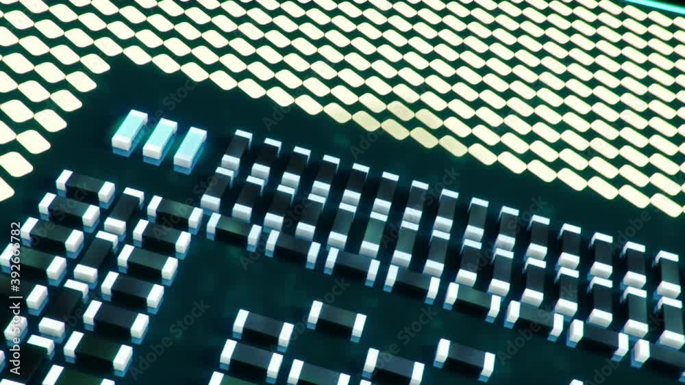 Poster technological background with cpu and circuit board. flying cpu and installation in center circuit b