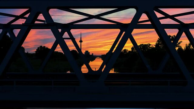 sunset over the bridge in Mannheim