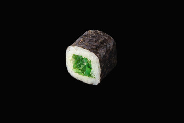 hosomaki roll with chuka seaweed isolated on black