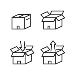 Box set flat line icons. Vector illustration open and close cardboard box with inward arrow and outward arrow. Loading and unloading symbol.
