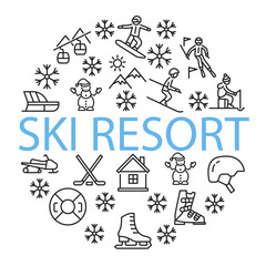 Winter sport circle banner with flat line icons. Vector illustration ski resort symbols on white background included skier, slalom, snowboarder, cableway, equipment. In the center you can write any