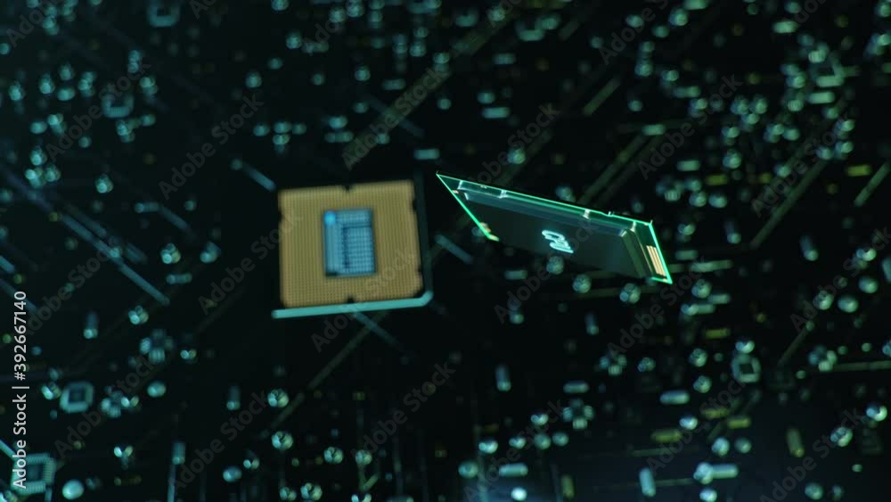 Poster technological background with cpu and circuit board. flying cpu and installation in center circuit b