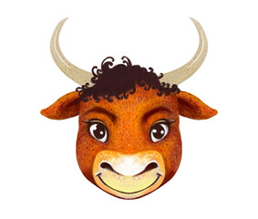 illustration of a portrait of a cartoon brown red bull with horns. Smiling funny cute curly bull on a white background.