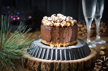 Chocolate cheesecake with popcorn for the new year  