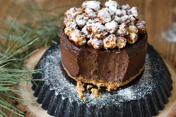 Chocolate cheesecake with popcorn for the new year  