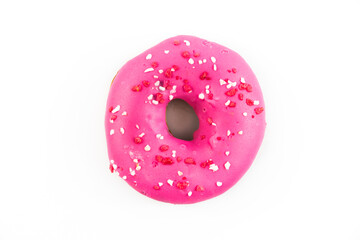Strawberry pink sweet donut on white isolated background top view close up