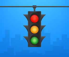 Traffic lights banner on blue background. Vector stock illustration.