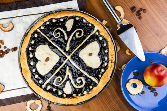 Czech traditional cake "kolac" on a wooden table