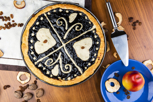 Czech traditional cake "kolac" on a wooden table