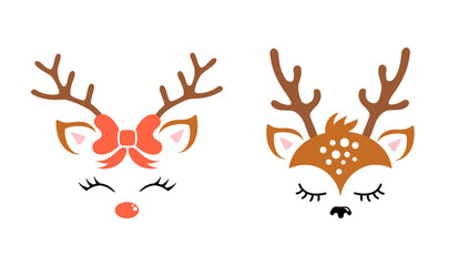 Cute reindeer face with antlers and Christmas decor. Vector illustration in cartoon style. © Ansty art