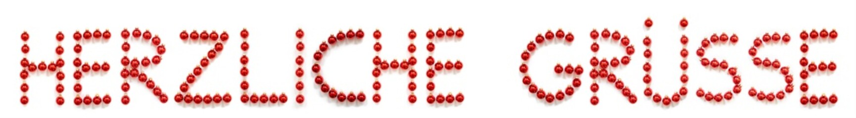 Red Christmas Ball Ornament Building German Word Herzliche Gruesse Means Greetings. Festive Christmas Decoration. White Isolated Background
