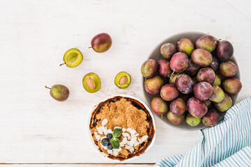 Crumble plum cake Light sweet breakfast Top view of food background